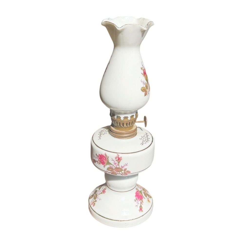 Vintage Japan Porcelain Floral Oil Lamp Pink Roses Gold Trim Hurricane Style 10" - Picture 5 of 15